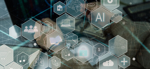 AI (Artificial Intelligence) concept. Electronic circuit. Communication network.