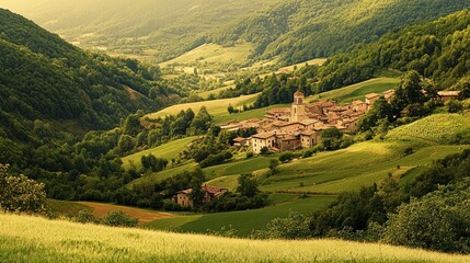 Scenic village nestled in a lush green valley.