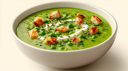 Creamy Green Pea Soup with Croutons and Fresh Herbs
