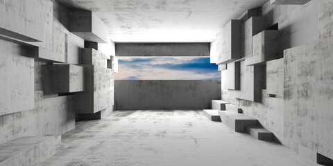 Abstract geometric concrete architecture with sky view for modern design. 3d render