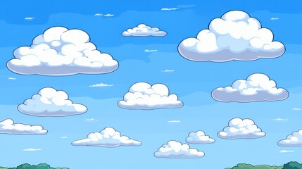 A bright blue sky filled with fluffy white clouds, creating a cheerful atmosphere.
