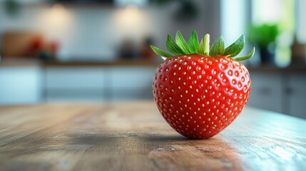 Modern and simple kitchen backdrop, big strawberry on the table, with white cabinets and wooden counter, softly blurred for a stylish presentation