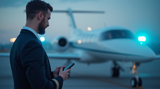 pilot looking at smartphone against background of private jet