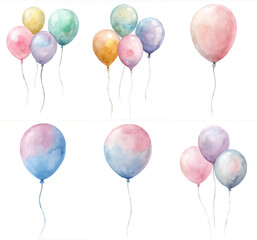 A set of six watercolor balloons with different colors and sizes