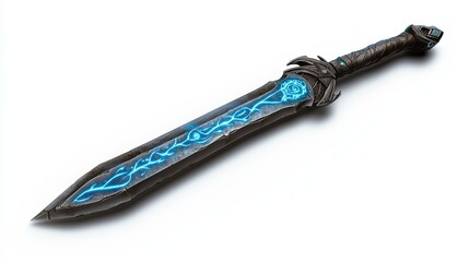 Ancient sword with blue runes on the blade on a white background
