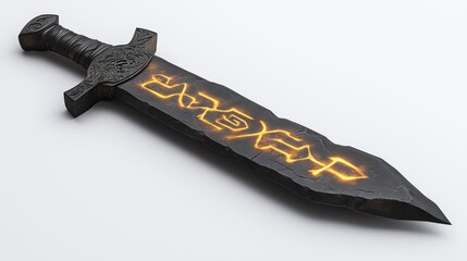 Ancient sword with orange runes on the blade on a white background