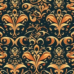 Golden Damask Pattern:  A seamless pattern of intricate golden damask motifs on a dark background, perfect for adding a touch of elegance and sophistication to your designs.  