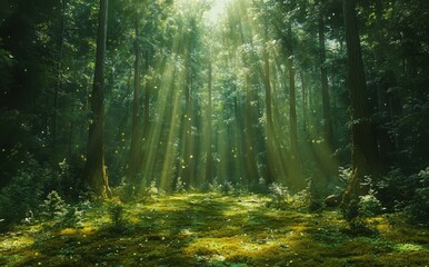 Fototapeta premium Sunlight Filtering Through Dense Forest Trees Creating an Enchanting Atmosphere in a Lush Woodland Scene with Soft Green Underbrush and Radiant Light Beams