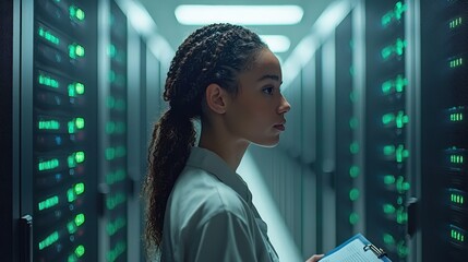 Focused female IT technician in a data center surrounded by glowing server racks, holding a clipboard while performing system checks.