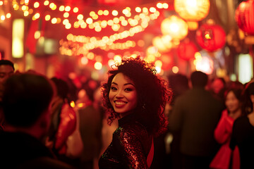 Bustling Chinese Street Decorated with Festive New Year Banners  