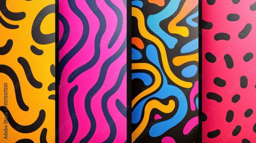 Poster four colorful, abstract patterns with organic shapes and lines, creating a dynamic and playful visua