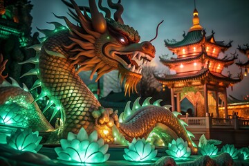 Fototapeta premium A glowing golden dragon ice sculpture surrounded by lotus lights at Harbin Ice Festival, illuminated at night, blending Chinese mythology with dazzling artistry.