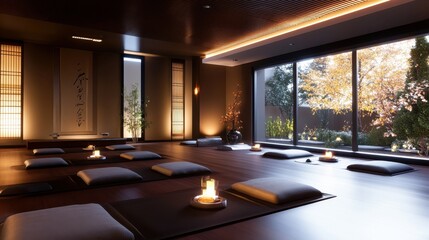 Fototapeta premium Zen meditation room with a wooden floor, grey cushions, a lit candle, and large windows overlooking a tranquil garden, creating a peaceful ambiance