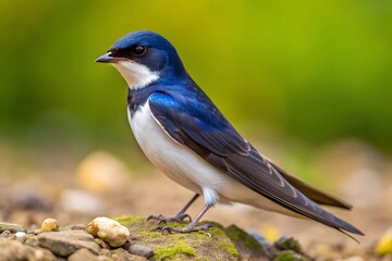 Fototapeta premium Close-up of a common house martin with blue and white feathers perched on a mossy surface, showcasing its delicate features against a blurred green background.