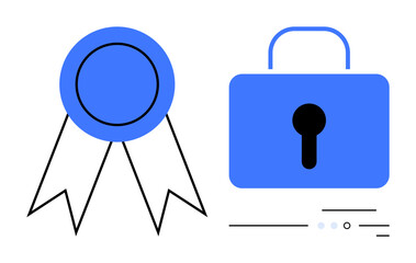 Blue ribbon award and padlock symbolizing certification and security. Ideal for business, education, IT, cybersecurity, compliance, achievement, professional development contexts. Line metaphor