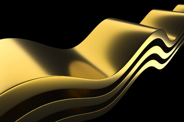 Abstract gold waves on black background for modern design and artistic decoration. 3d render.