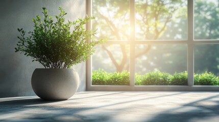 Modern minimalist interior with a green potted plant in a white room, creating a fresh and calming atmosphere.