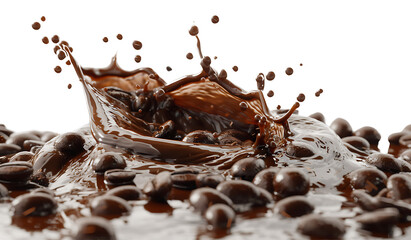 Fototapeta premium Rich Chocolate Drop Splashing over Coffee Beans in Motion on a Transparent Background