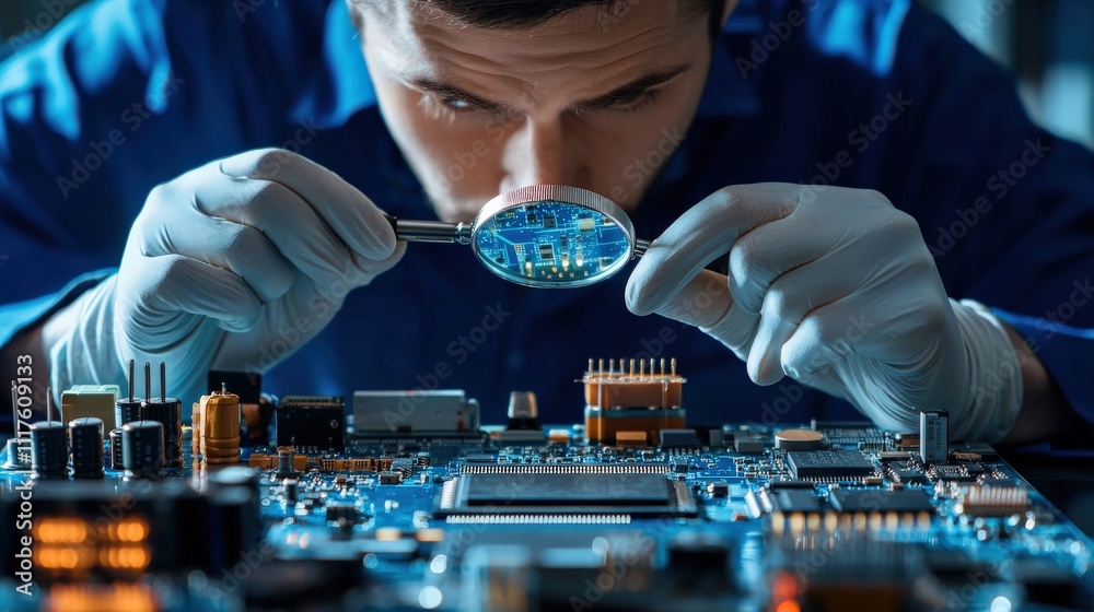 Poster Electrical engineer examining a circuit board with a magnifying glass in a well-lit lab