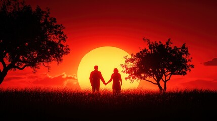 Couple holding hands in a field at sunset with silhouetted trees and a vivid red sky