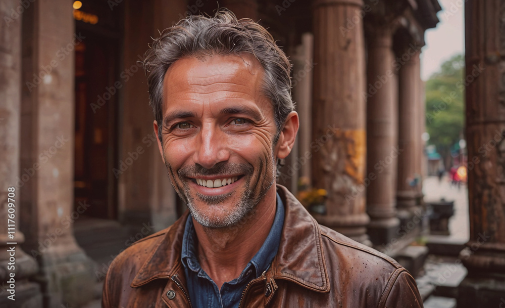 Poster man wearing a brown jacket and blue jeans is smiling. he is standing in front of a building