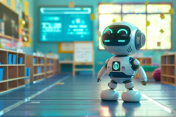Cute robot glowing blue eye in classroom for providing personalized assistance to children. Human and Technology Synergy, education.