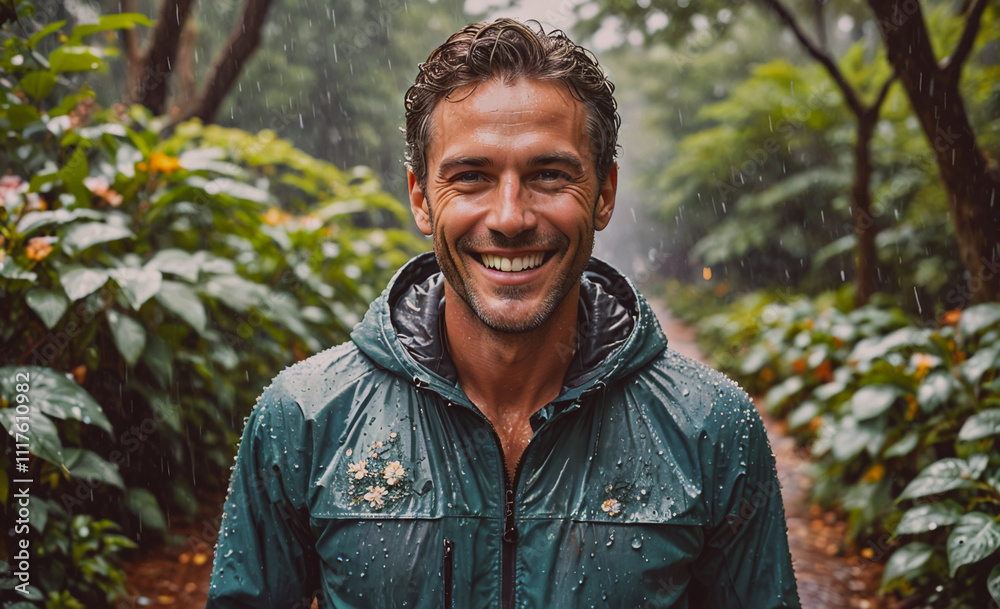 Poster man is smiling in the rain. he is wearing a green jacket. the jacket is wet
