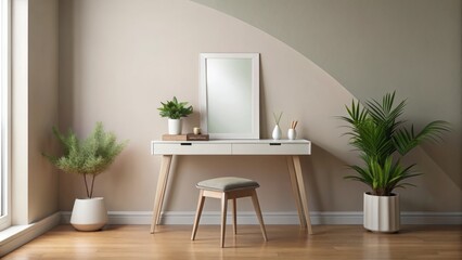 A Sleek Minimalist Vanity Table with a Reflective Mirror Against a Soft Pastel Wall, Perfect for Modern Interior Design and Urban Exploration Photography