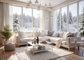 A Serene Winter Minimalist Living Room with White Furniture, Emphasizing Cozy Decor and Soft Textures, Perfect for Creating a Calming Indoor Atmosphere