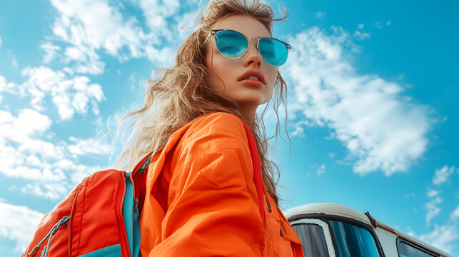 Confident woman, orange jacket, summer sky