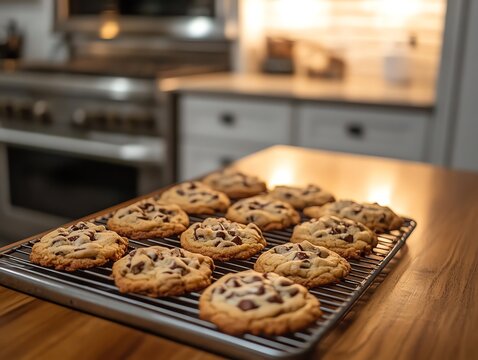 Freshly baked chocolate chip cookies cooling on a wire rack in a cozy kitchen.