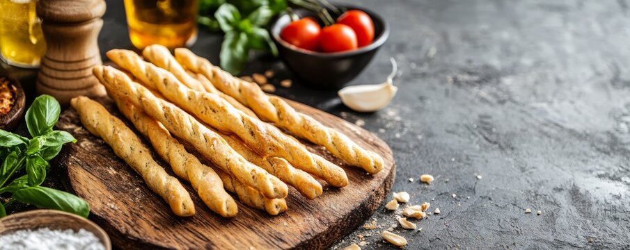 Grissini breadsticks on wooden board on rustic background - Powered by Adobe