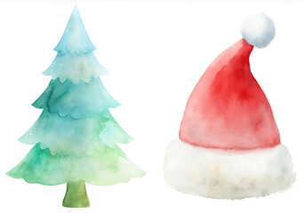 A watercolor painting of a Christmas tree and a Santa hat