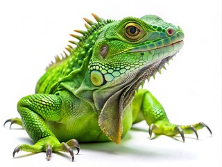 Obraz premium Aerial View of a Green Iguana Isolated on a White Background, Perfect for Nature and Wildlife Photography, Showcasing the Unique Texture and Color of This Exotic Reptile
