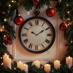 A wall clock. The clock is framed with pine branches, candles, and red Christmas ornaments....