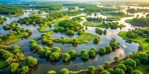 Aerial View of a Serene Swamp with Lush Green Vegetation and Small Islands, Perfect for Urban Exploration Photography and Nature Enthusiasts