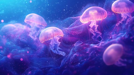 Naklejka premium Ethereal jellyfish float in a vibrant underwater scene, showcasing bioluminescence.