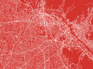 Christmas Map of Midori, Japan in Snowy White on Festive Red Background.