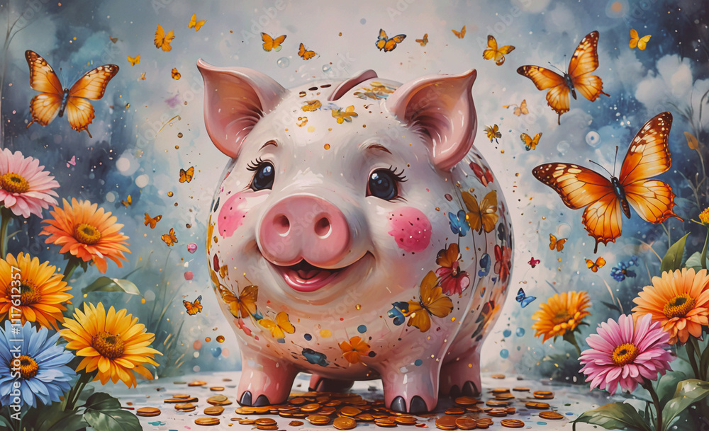 Poster Pig with butterflies on it. The pig is smiling and has a lot of butterflies on it
