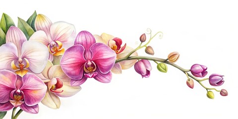Fototapeta premium Beautiful Watercolor Orchid Flowers Isolated on White Background, Perfect for Decorative Purposes, Floral Designs, and Botanical Illustrations