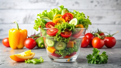 Captivating Healthy Vegetable Salad Cup on Isolated White Background Captured in Low Light Photography for a Fresh and Vibrant Culinary Presentation