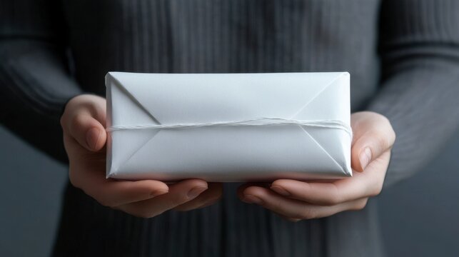 Hands Gently Holding a Simple White Gift Package.