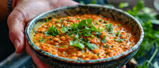 A person is holding rustic bowl of food with red lentil dahl and parsley