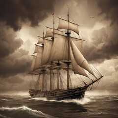 Fototapeta premium An antique illustration of a sailing ship at sea, detailed rigging, stormy skies, and sepia tones 