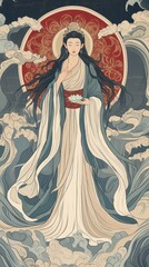 Fototapeta premium Guanyin Goddess Painting Spiritual Art Tranquil Setting Ethereal Atmosphere Serene Perspective
