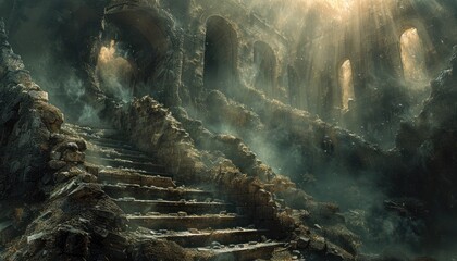Sunlit Ruins Ancient Stone Staircase Mysterious Architecture