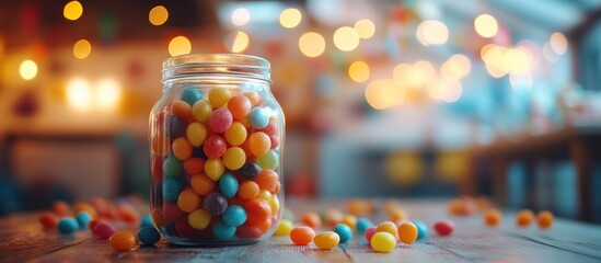 A glass jar filled with colorful candy on a wooden table with a blurred background of lights.