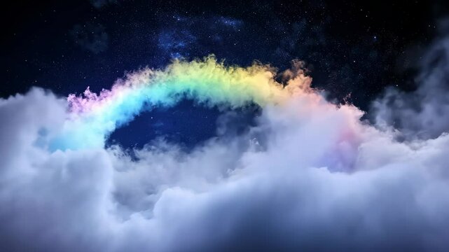 Ethereal Rainbow Arching Over Clouds Against a Starry Night Sky in Vibrant Colors
