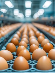 Egg industry, Hatchery, Automation. Eggs arranged in a production line with a focus on a unique egg.