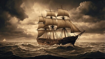 Fototapeta premium An antique illustration of a sailing ship at sea, detailed rigging, stormy skies, and sepia tones 